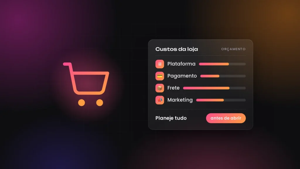 Carrinho de compras ao lado de uma lista de custos da loja virtual: plataforma, pagamento, frete e marketing