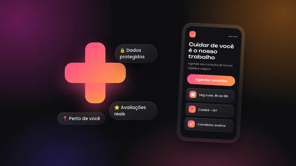 Celular exibindo o site de uma clínica com botão de agendar consulta, horário, endereço e convênios ao lado de uma cruz de saúde